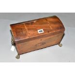 AN EARLY 19TH CENTURY MAHOGANY AND ROSEWOOD INLAID DOME TOP CASKET, lion mask ring side handles,