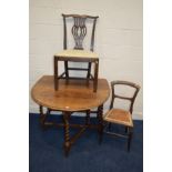 AN EARLY 20TH CENTURY OAK BARLEY TWIST GATE LEG TABLE together with an oak splat back chair and