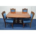 A LATE VICTORIAN MAHOGANY RECTANGULAR TOPPED BREAKFAST TABLE with round corners and top edge, on a