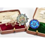 THREE BROOCHES, the first a silver Yorkshire rose design brooch set with blue enamel, with a