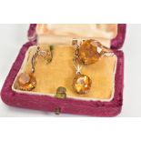 A PAIR OF DROP EARRINGS AND A RING, each drop earring set with a circular cut citrine interspaced