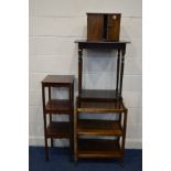 A SMALL EARLY 20TH CENTURY OAK TWO DOOR CABINET, together with an oak tea trolley, Edwardian three