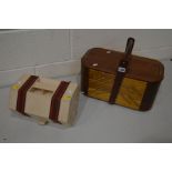 A MID 20TH CENTURY OAK CANTILEVER SEWING BOX with contents and a Rolykit sewing box (2)