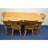 A MODERN PINE KITCHEN TABLE, length 152cm x depth 91cm x height 77cm and four beech chairs (5)