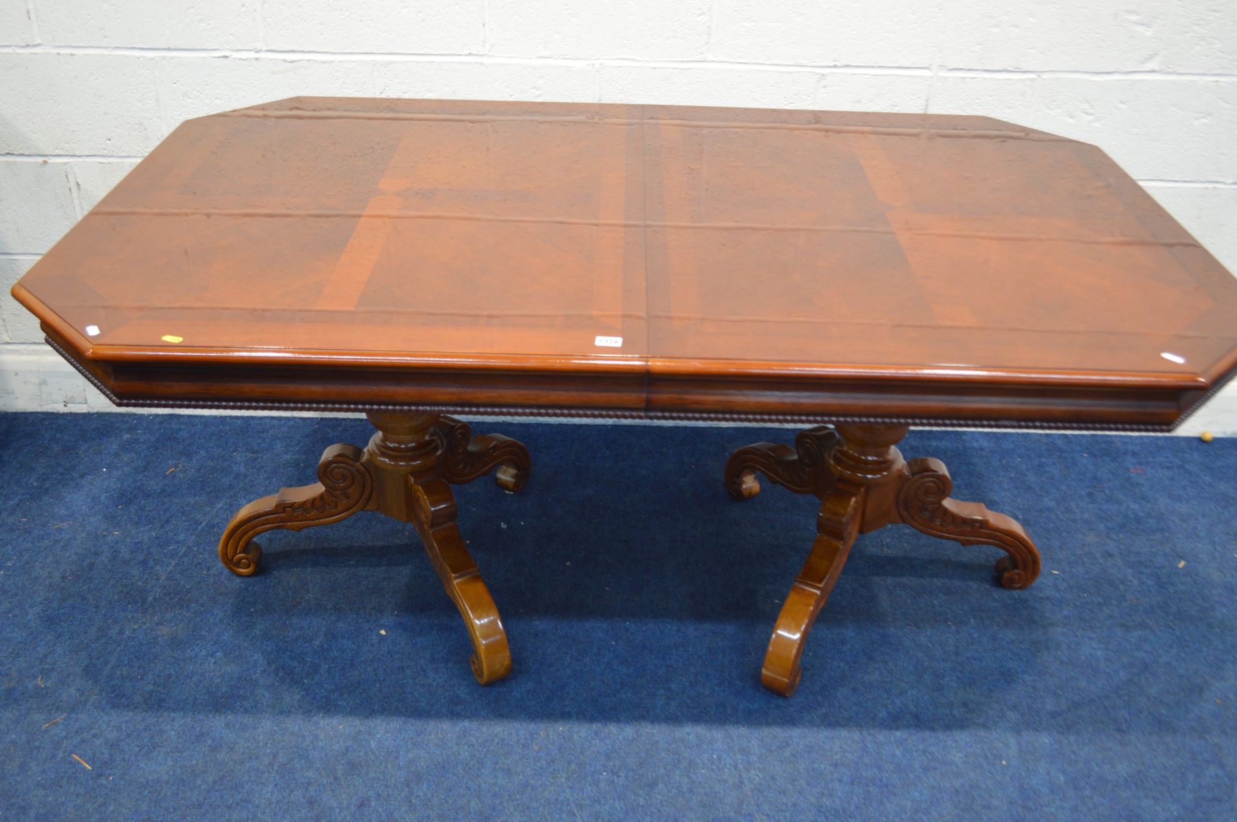 A MODERN CHERRYWOOD ITALIAN EXTENDING TWIN PEDESTAL DINING TABLE, canted corners, two additional - Image 5 of 5