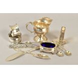 A PARCEL OF SILVER AND EPNS ITEMS, comprising a George V silver cream jug with scrolled rims,