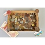 A SELECTION OF ITEMS, to include a box of coins such as two shilling, half penny and foreign