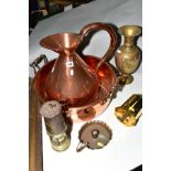 A COPPER HAYSTACK MEASURE, height 38cm, a twin handled copper bowl with pouring lip, handle to