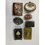 A SMALL BOX OF MATCH COVERS, TRINKET BOXES AND PLAYING CARDS