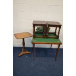 A GEORGIAN OAK RECTANGULAR OCCASIONAL TABLE on a triform base, together with a pair of oak