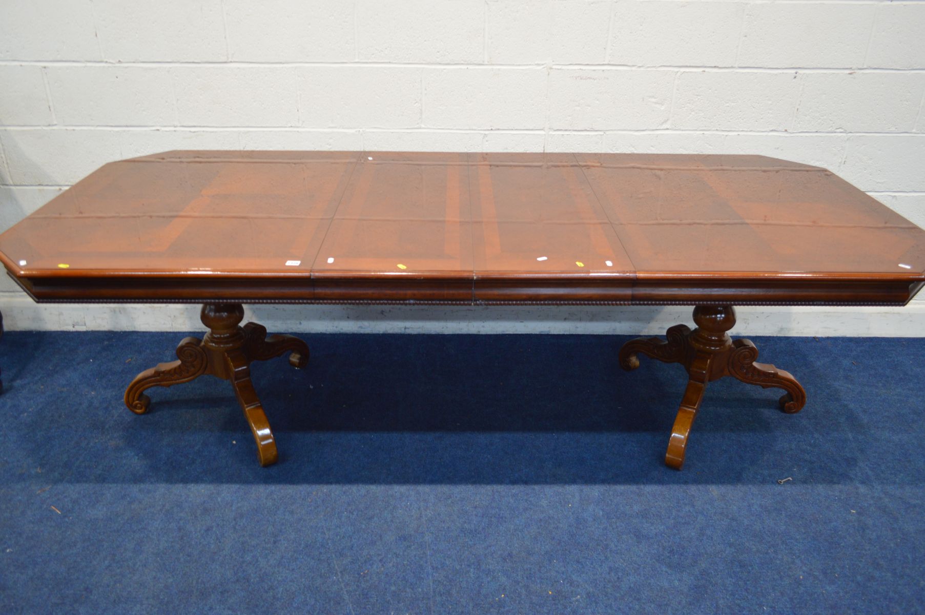 A MODERN CHERRYWOOD ITALIAN EXTENDING TWIN PEDESTAL DINING TABLE, canted corners, two additional - Image 4 of 5