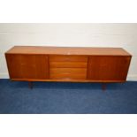 HW KLEIN FOR BRAMIN MOBLER, a teak sideboard with double sliding doors flanking five graduated
