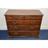 A GEORGIAN OAK AND MAHOGANY BANDED CHEST OF TWO SHORT AND THREE LONG GRADUATED DRAWERS on bracket