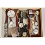 A BOX OF WRISTWATCHES AND POCKET WATCHES, to include a 9ct gold ladies wristwatch, rectangular