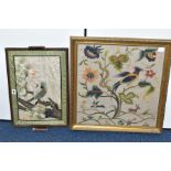 A CHINESE SILK PANEL with embroidered Parakeet eating a seed while perched on a branch with