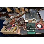 TWO BOXES OF CLOCKS, DRAWING INSTRUMENTS, SOAPSTONE CARVINGS ETC, including a Gilette display