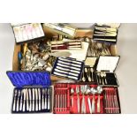TWO BOXES OF CASED AND LOOSE STAINLESS STEEL AND PLATED CUTLERY, including tea knives, dessert