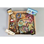 A BOX OF COSTUME JEWELLERY, to include bead necklaces, a collectable spoon, buttons, marbles, etc