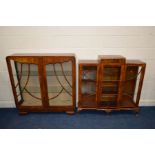 AN 1930'S WALNUT TRIPLE DOOR CHINA CABINET with a single drawer and glass shelves, width 116cm x
