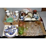 THREE BOXES AND LOOSE CERAMICS AND GLASS etc, to include an Aynsley Willow pattern part teaset (