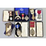 A BOX CONTAINING MEDALS, such as silver gilt Masonic medal commemorating Queen Victoria's diamond