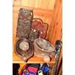 A COLLECTION OF TRIBAL AND OTHER CARVED MASKS, BOWLS, WALKING CANE ETC, including an elephant handle