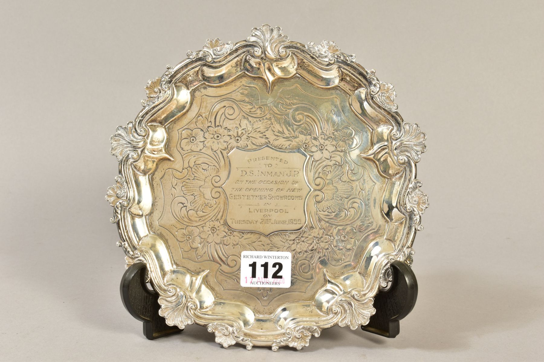 A WILLIAM IV SILVER WAITER, shell, scroll and pie crust rim, engraved centre with applied cartouche,