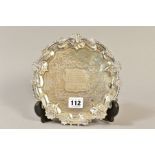 A WILLIAM IV SILVER WAITER, shell, scroll and pie crust rim, engraved centre with applied cartouche,