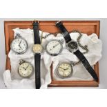 A WOODEN BOX CONTAINING SMITHS WRISTWATCHES AND POCKET WATCHES, all pocket watches are set with