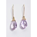 A PAIR OF AMETHYST DROP EARRINGS, each designed with a faceted pear cut amethyst drop to the fish