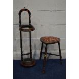 A VICTORIAN MAHOGANY SINGLE HOOP UMBRELLA STAND, with a turned uprights and tin liner, together with