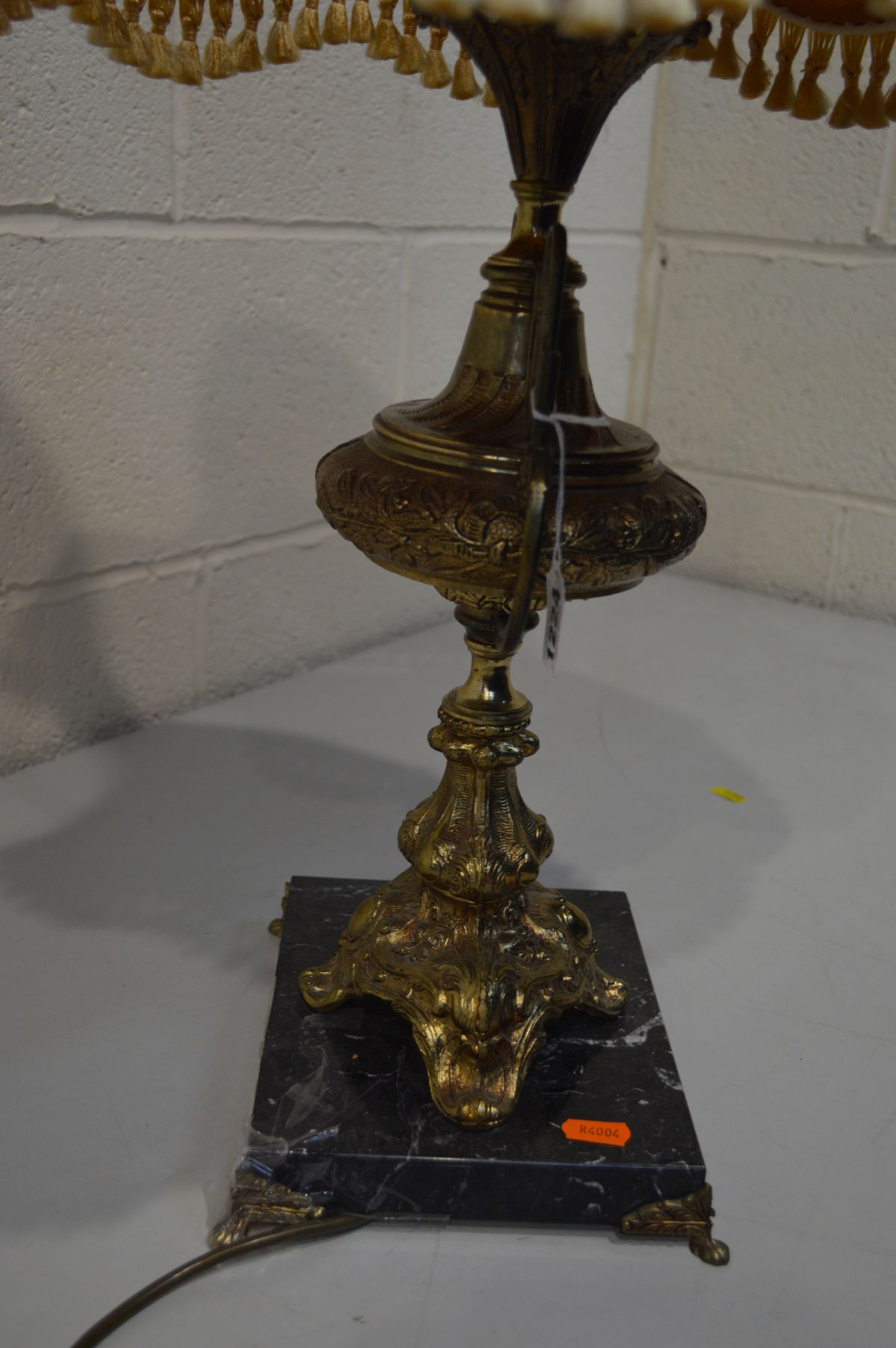 A BRASS EWER SHAPED TABLE LAMP on a slate base with a fabric shade (one loose foot) - Image 2 of 2