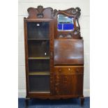 AN EARLY TO MID 20TH CENTURY OAK SIDE BY SIDE BUREAU BOOKCASE, the top with carved scrolled