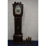 AN EARLY 20TH CENTURY MAHOGANY LONGCASE CLOCK, with tubular quarter chiming mechanism, the hood with