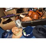 FOUR BOXES OF TREEN, SUNDRIES, LADIES HATS, pictures, walking sticks, prints, small leather case,