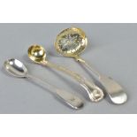 A VICTORIAN SILVER SIFTER SPOON AND TWO MUSTARD SPOONS, the sifter spoon of plain design, the a