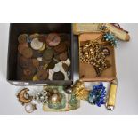 A SELECTION OF ITEMS, to include a yellow metal ring with a rectangular mount missing a gemstone,