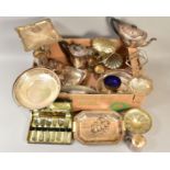 A BOX OF SILVER PLATE, including swing handled cake baskets, hors d'ouvres dish, entree dishes,