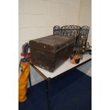 A WROUGHT IRON LOG TRAY, together with a metal triple fire screen, tin trunk, copper kettle, vintage