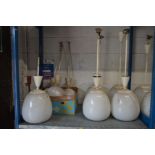 A SET OF FIVE OPAQUE WHITE OVOID GLASS AND OVER PAINTED NICKEL PLATED CEILING LIGHT FITTINGS,