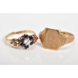 TWO 9CT GOLD RINGS, the first of cluster design set with a central colourless stone assessed as