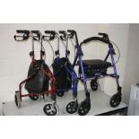 THREE FOLDING MOBILITY WALKERS comprising of two tri wheel walkers and another (3)