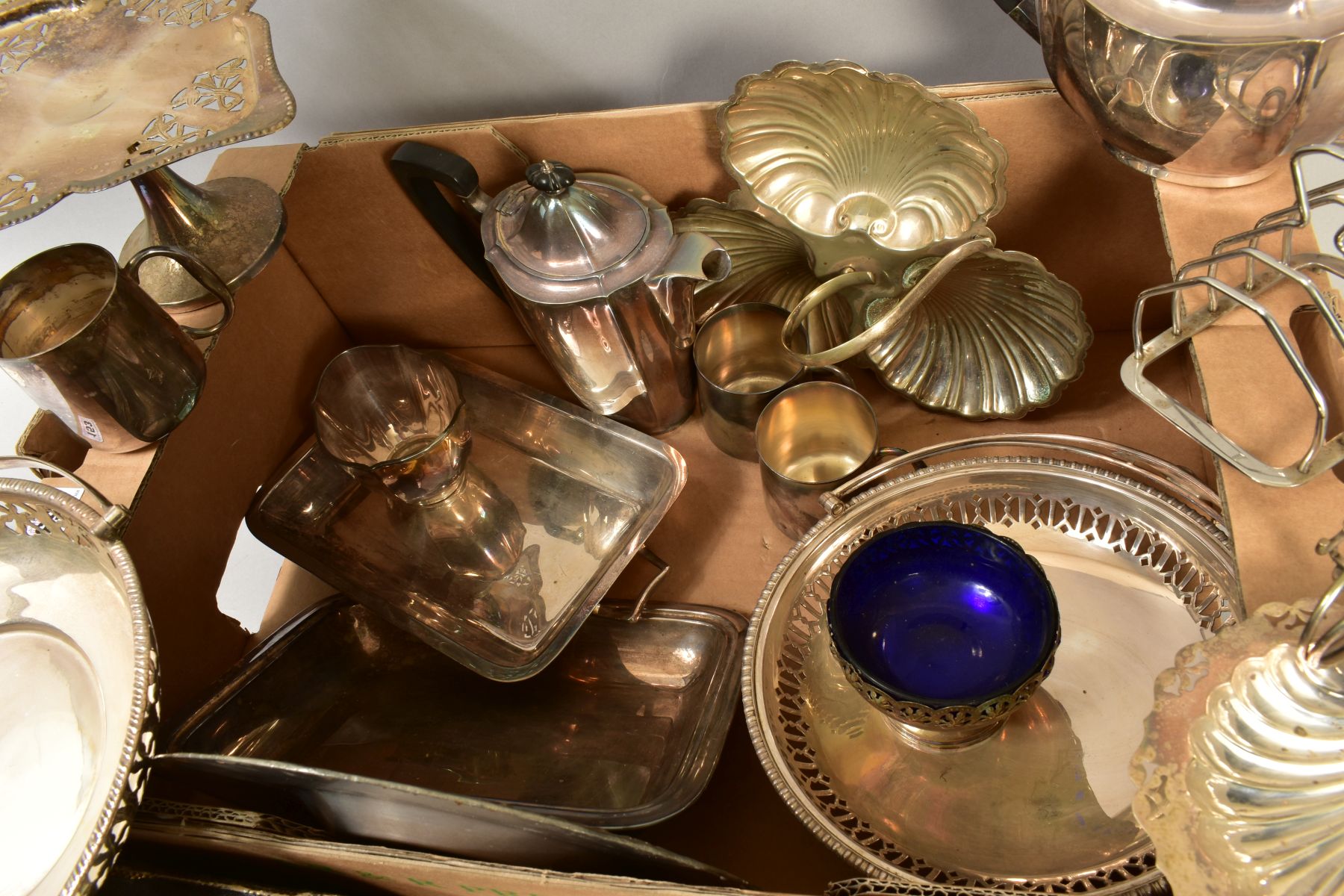 A BOX OF SILVER PLATE, including swing handled cake baskets, hors d'ouvres dish, entree dishes, - Image 3 of 3