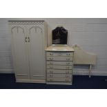 A CREAM AND GILT BEDROOM SUITE, comprising a double door wardrobe, width 92cm x depth 54cm x