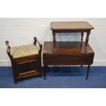 AN EDWARDIAN MAHOGANY PIANO STOOL, with twin handled, together with a Georgian drop end table and an