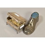 AN EDWARDIAN SILVER PIN CUSHION IN THE FORM OF A GENT'S SHOE, oak sole, registered 548913, makers