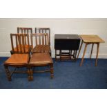 A SMALL EARLY TO MID 20TH CENTURY OAK DROP LEAF TABLE, together with a set of four oak dining chairs