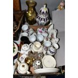 A BOX AND LOOSE CERAMICS, GLASS AND METALWARE, to include a brass twin handled vase, approximate