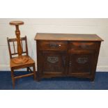 AN EDWARDIAN OAK SIDEBOARD with two drawers, width 122cm x depth 44cm x height 91cm, together with a