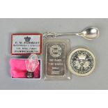 A ONE OUNCE SILVER BAR, also included is a 1977 silver jubilee coin, silver salt spoon with a